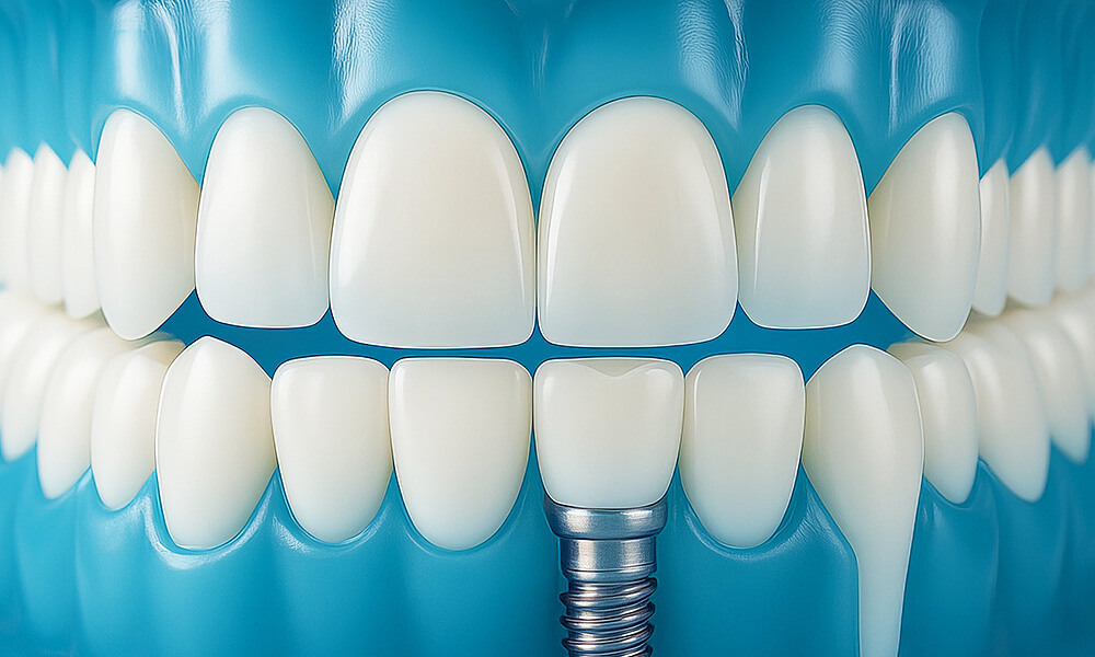 Grafisches Modell eines Gebisses, bei dem ein einzelner Frontzahn durch ein Zahnimplantat ersetzt dargestellt ist.