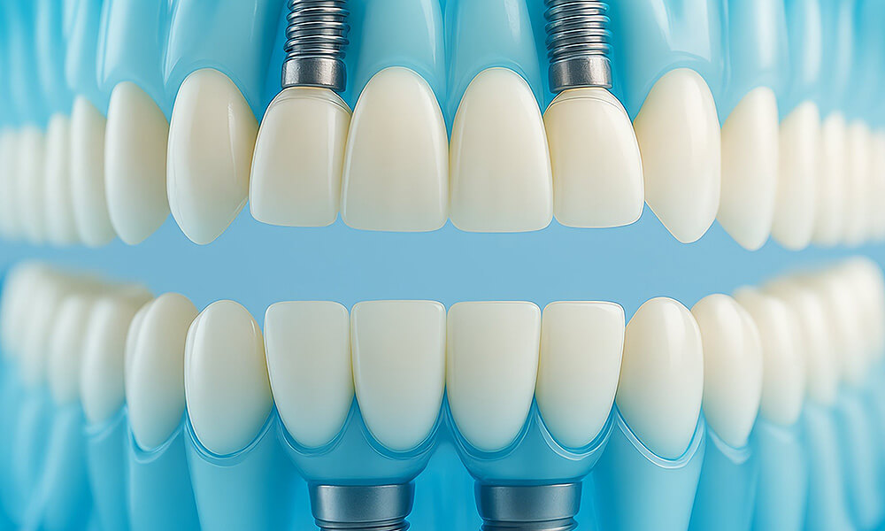 Nahaufnahme eines Gebissmodells mit oberen und unteren Zahnreihen; mehrere Zähne sind durch helle Implantatkronen auf metallischen Implantaten ersetzt.