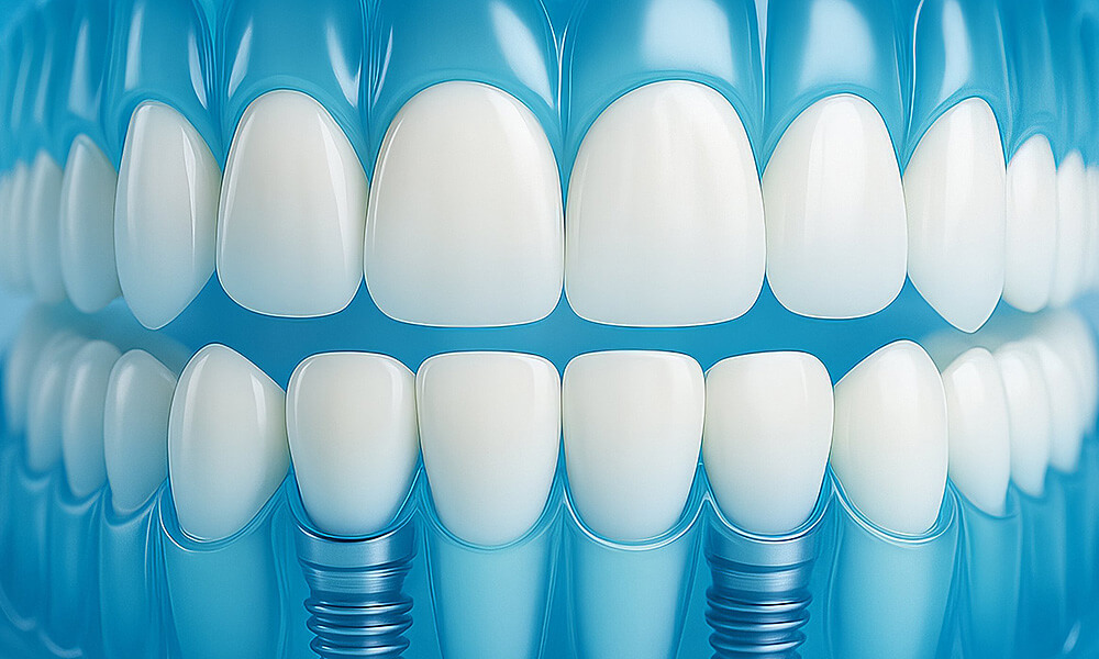 Gebissmodell mit oberen und unteren Zahnreihen; im unteren Bereich sind zwei Implantate mit aufgesetzten Kronen sichtbar.